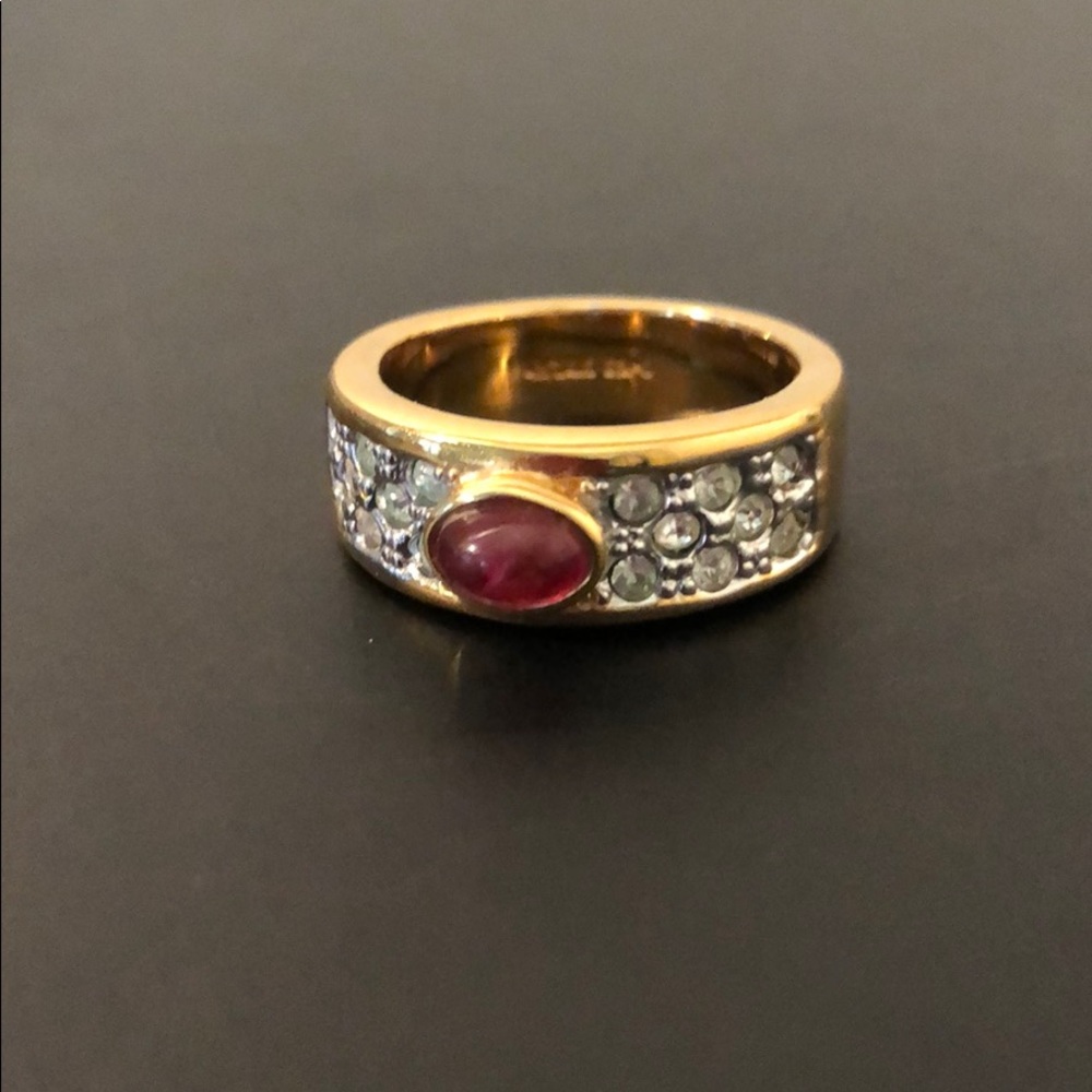 CABOCHON RUBY W/RHINESTONE 14K GOLD PLATED RING - Picture 7 of 8